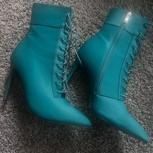 Azalea Wang Teal Green Nylon Stiletto High Heels Booties